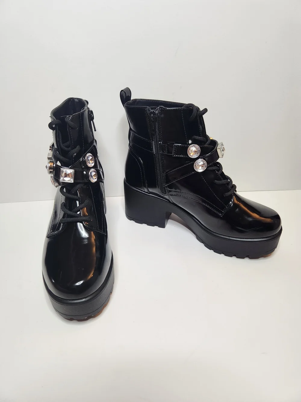 Patent Black Crystal-Embellished Girl's Ankle Boots